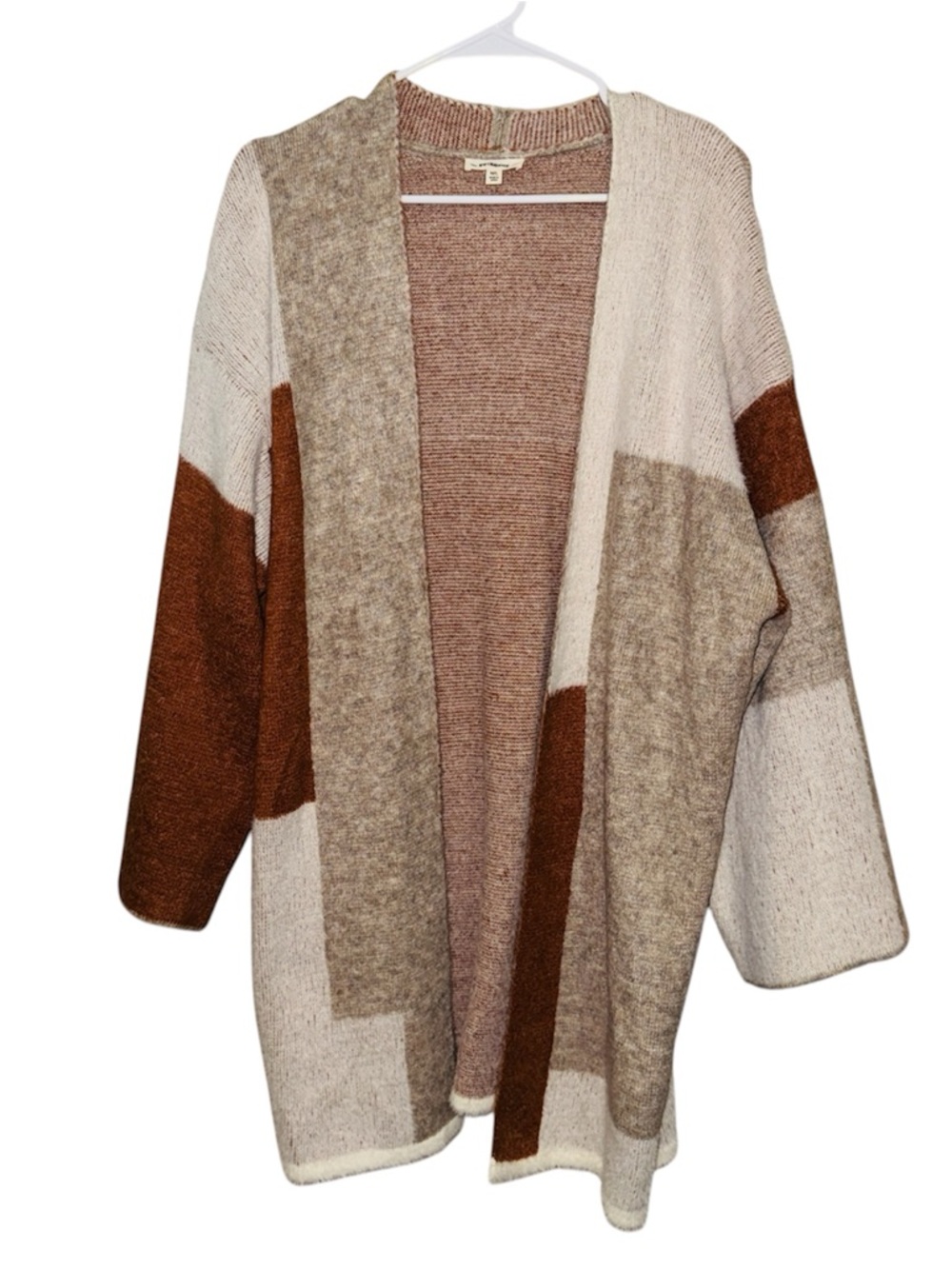 Woman Boho Coastal Cozy Colorblock Neutral Open Front Cardigan Sweater